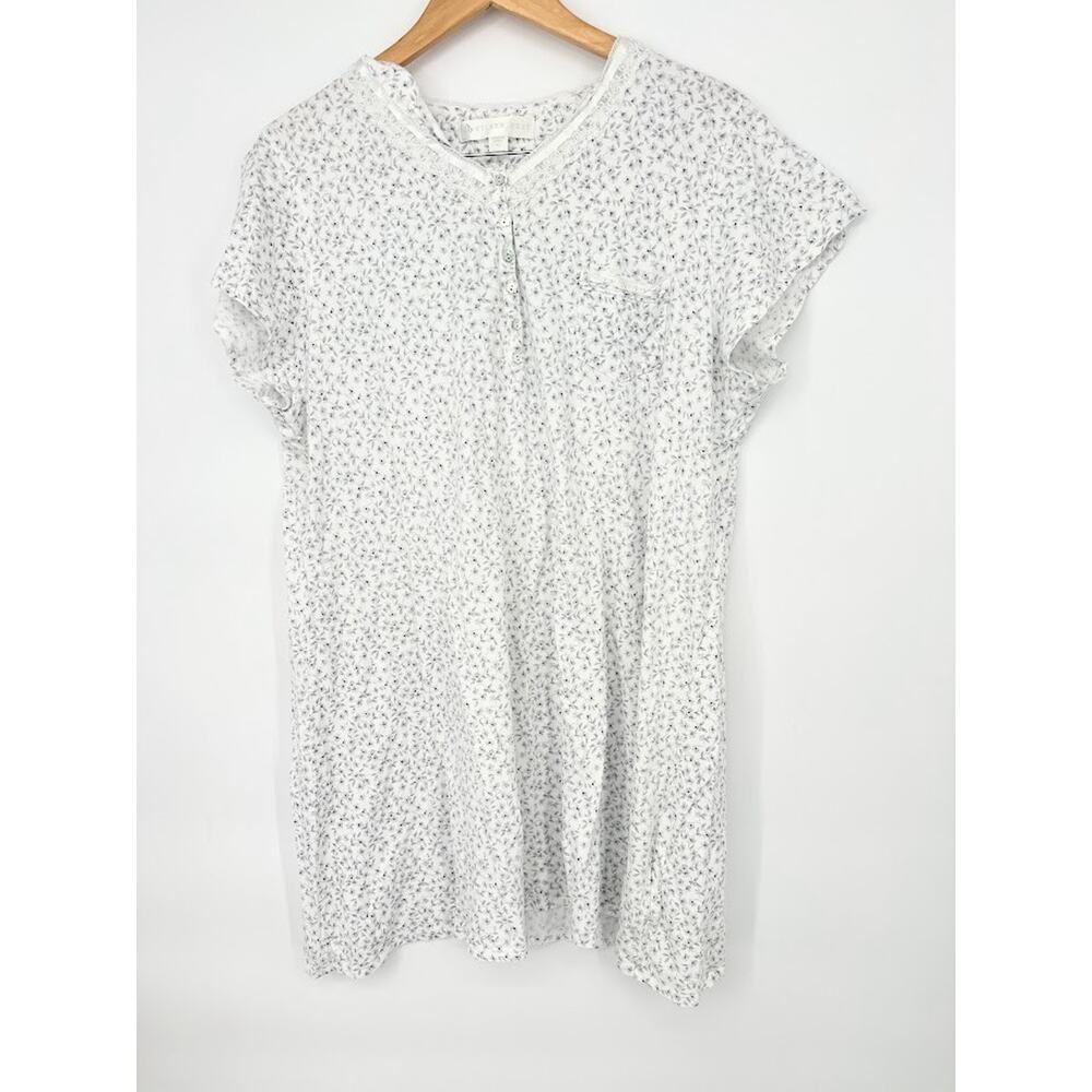 Eileen West Nightgown White Grey Ditsy Floral Pima Cotton Lace Accent XL Cottage